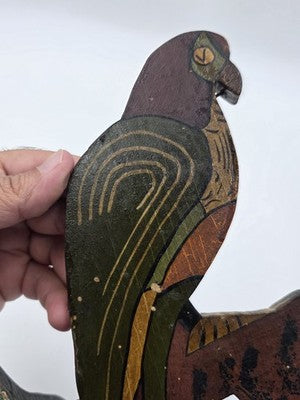Rare Pair Antique 19th C Americana Folk Art Painted Wooden Parrot Wall Brackets