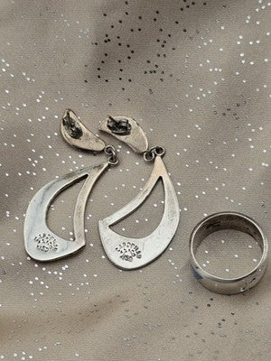 Cardenas Taxco Mexico 925 Sterling Silver Blue Opal Inlay Ring & Earrings Set