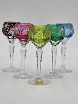 5 NACHTMANN TRAUBE 4 1/2" CORDIALS CRYSTAL WINE GLASSES MULTI COLOR CUT TO CLEAR