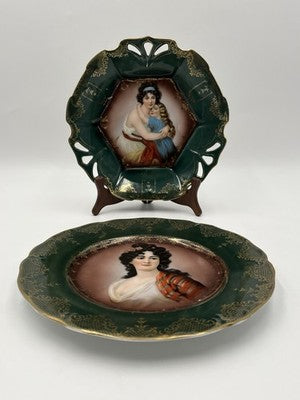 Rare Pair Of Antique 19th C Prussian Portrait Plate Green & gold Hand Painted