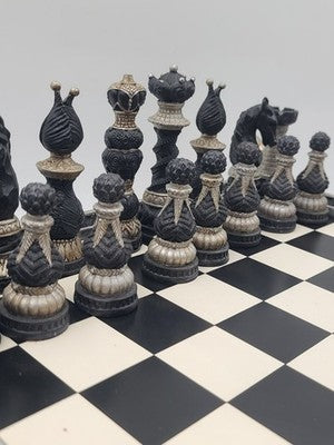 Rare Vintage Large Renaissance Style Resin Chess Set w Drawer Medieval Board 16”