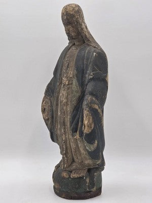 Antique 18th C Spanish Colonial Hand-Carved Virgin Mary Statue Polychrome Wood