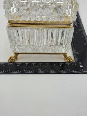 French Baccarat Style Jewelry Casket Footed Box Heavy Crystal Glass Hinged Lid