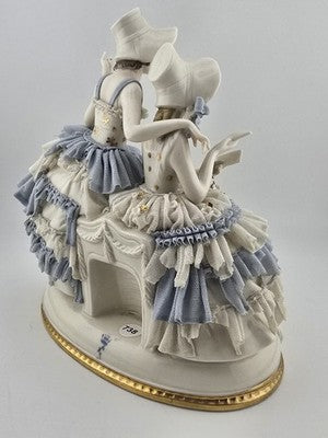 Antique Sitzendorf Dresden Lace Figurine 2 Victorian Ladies Germany Porcelain
