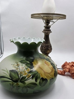 Antique Victorian Style Hurricane Lamp Electric Floral Shade Ornate Brass Base