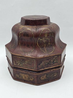 Early 19th C Chinese Qing Dynasty Red Lacquer Wedding Gift Basket Gilt Figures