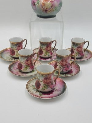 Antique 19th C C.S. Prussia Handpainted Demitasse Set 6 Cups Saucers Coffee Pot