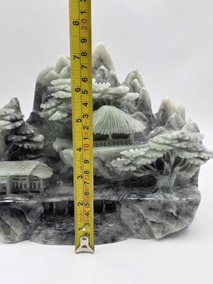 Vtg 11" Old Chinese Dushan Jade Carving Mountain Water Pine Tree Ship Sculpture