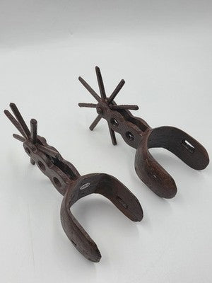 Rare Matching Pair Of Antique Mexican Brass Western Cowboy Spurs 8 Point Charro