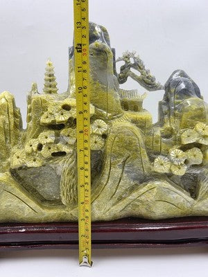 Huge 20.5" China Natural Yellow Green Xiu Jade Carved Mountain House Tree Statue