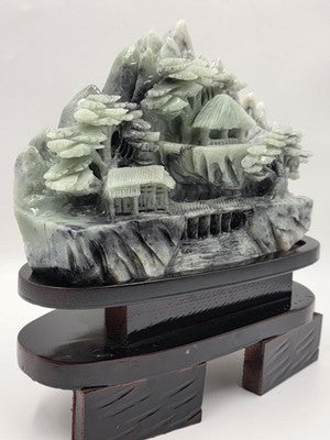 Vtg 11" Old Chinese Dushan Jade Carving Mountain Water Pine Tree Ship Sculpture