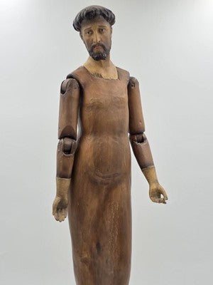 RARE ANTIQUE 18TH C ARTICULATED HAND POLYCHROME SANTOS MANNEQUIN OF ST FRANCIS.