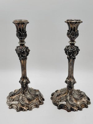 Rare Pair of Antique 1857 English Victorian Silver Plated Elkington Candlesticks