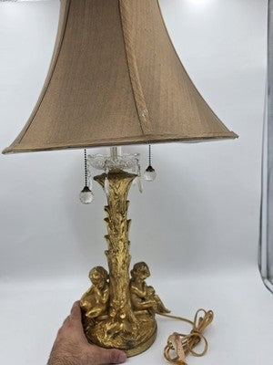 Antique Large Solid Brass Cherub Putti Table Lamp Hollywood Regency Gold. Works