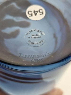 Rare Tiffany & Co Blue Lead Crystal Cylinder Vase England Applied Medallion 8"