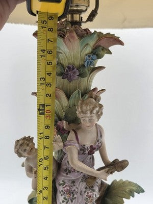 Rare Antique German Dresden Porcelain Figural Lamp Lady Cherub Swans 29"