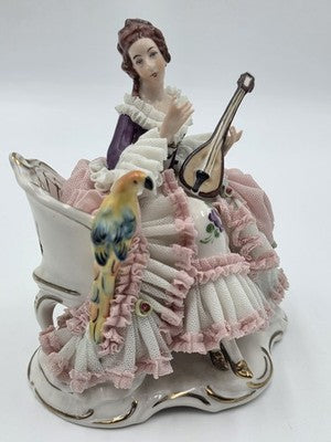 Vintage Dresden Art Germany Lace Porcelain Lady Musician Figurine Bird Bench
