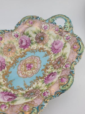 1910's Victorian German Porcelain Handled Bowl Raised Gold &Roses RS Style 11.5"