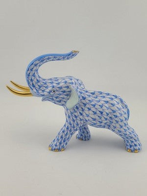 Herend Blue Fishnet Charging Elephant Figurine VHB Artist Signed Vecsey Tamas