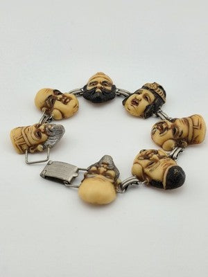 Antique Japanese Figural Face Bracelet Carved Bon Seven Gods Meiji Era. Signed.