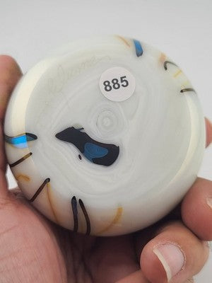 VINTAGE ORIENT & FLUME STUDIO ART GLASS PAPERWEIGHT PEARL + 3 BLUE FLOWERS 1975