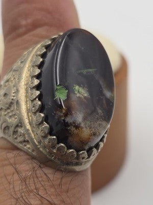 Antique Handcrafted Men Sterling Silver 925 Natural Dark Aqeeq Agate Ring Sz 9.