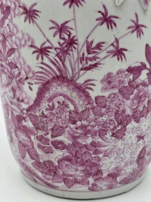 Vintage Chinese Porcelain Pink Chinoiserie Vase w Pommegranate Flowered Handles