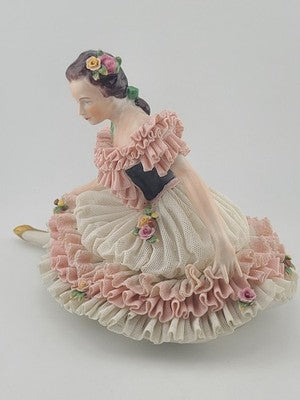 Pair Antique Dresden Lace Ballerina Figurine Dancer Handarbeit Germany Porcelain