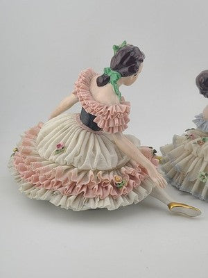 Pair Antique Dresden Lace Ballerina Figurine Dancer Handarbeit Germany Porcelain
