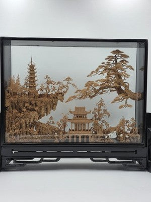 Large Scale Antique Chinese Carved Cork Diorama in Ebonised Glass Display Case