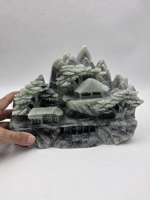 Vtg 11" Old Chinese Dushan Jade Carving Mountain Water Pine Tree Ship Sculpture