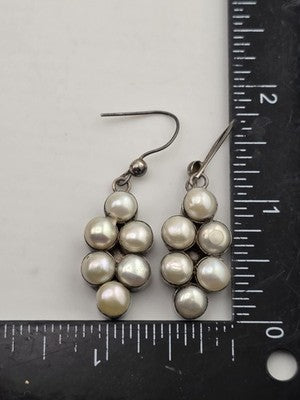 Vintage 925 Sterling Silver Cultured Pearl Cluster Dangle Earrings Pair. 1.5"