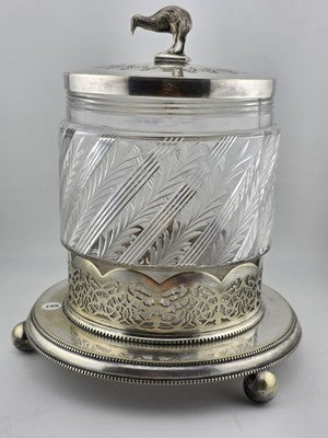 Rare 1880s Antique Hukin & Heath Biscuit Jar Cut glass & Silverplate W Kiwi Bird