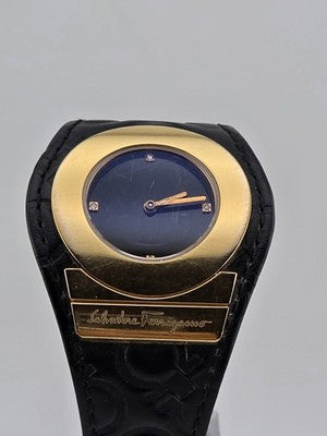 Salvatore Ferragamo Swiss Made Gold Plated Leather Watch Diamond Markers. Works.