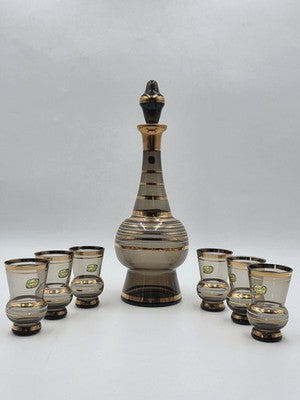 Vintage Amber Bohemia Crystal Decanter Set 6 Glasses Gold Trim Czechoslovkia New