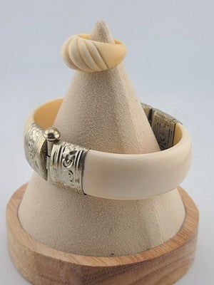 Rare Antique Set Of Bone Bracelet & Ring Intricate Hand Tooled Sterling Silver