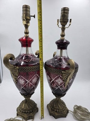 Pair Bohemian Ruby Red Crystal Lamp, Cut-to-Clear Czech Glass, Hollywood Regency