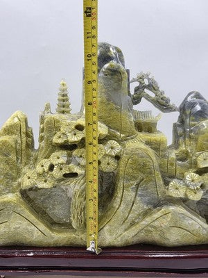 Huge 20.5" China Natural Yellow Green Xiu Jade Carved Mountain House Tree Statue