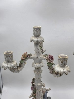 Rare 19th C Antique Pair Schierholz Dresden Porcelain Cherub Floral Candelabras