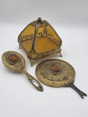 Antique Ornate Gilt Ormolu Vanity Set Amber Glass Jewelry Casket Mirror Brush