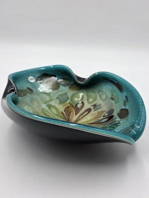 Unique Vintage Studio Art Glass Freeform Bowl Turquoise Black Millefiori Style