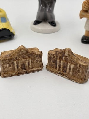 Vintage Lot Of 4 Slat & Pepper Shaker Taxi Cab Alamo Bride Groom Baseball Figure
