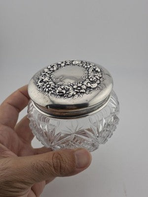 Antique Watson Sterling Silver Floral Lid Cut Crystal Vanity Jar C1900 Fine 925