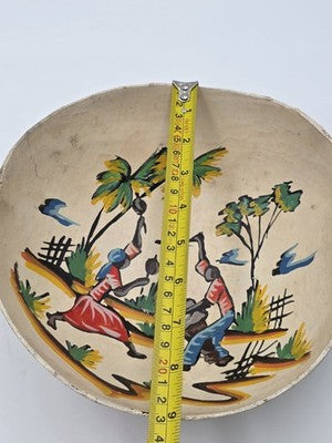 Antique 1930's Haitian Folk Art Coconut Shell Calabash Hand Painted Bowl Signed