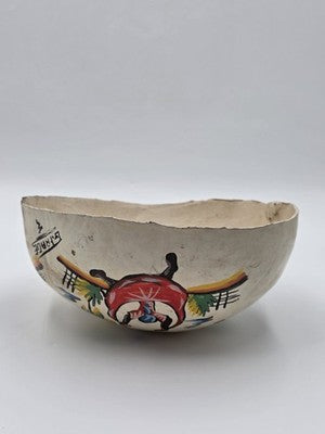 Antique 1930's Haitian Folk Art Coconut Shell Calabash Hand Painted Bowl Signed