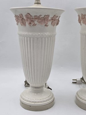 Pair Wedgwood Queensware Jasperware Cream Pink Grapevine Relief Table Lamps 24"