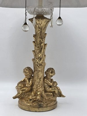 Antique Large Solid Brass Cherub Putti Table Lamp Hollywood Regency Gold. Works