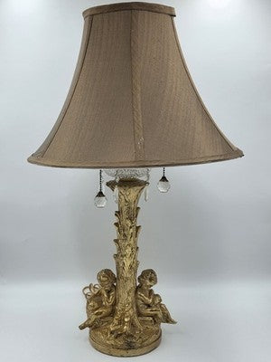 Antique Large Solid Brass Cherub Putti Table Lamp Hollywood Regency Gold. Works