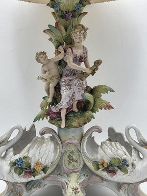 Rare Antique German Dresden Porcelain Figural Lamp Lady Cherub Swans 29"
