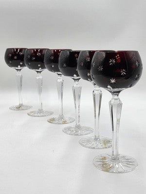Set Of 6 Vintage Ajka Marsala Ruby Red Cut To Clear Crystal Hock Wine Glass
